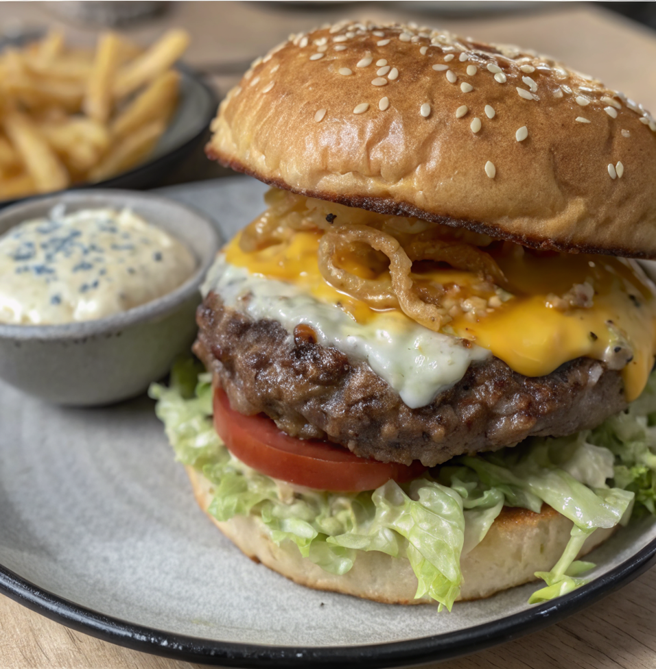Burger St-Agur fondant 🧀🍔 + frites maison 🍟
