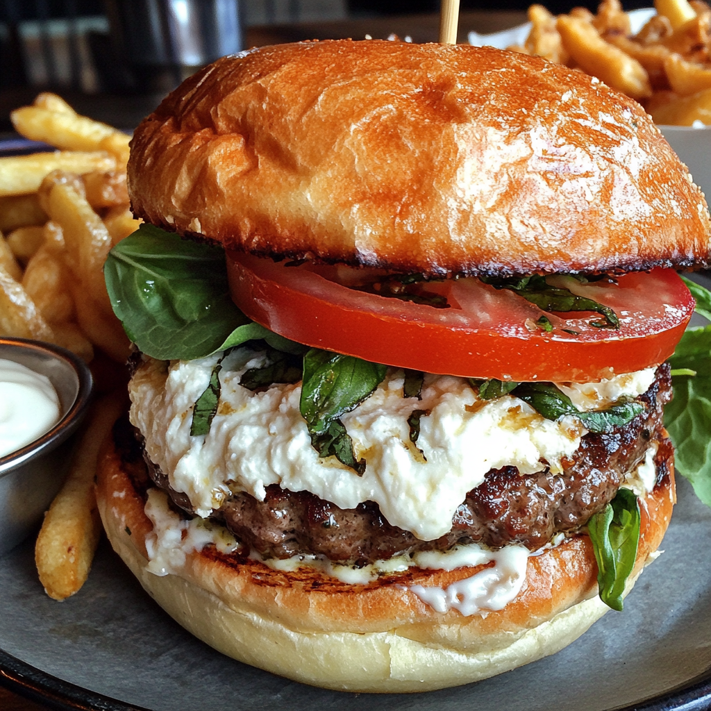 Burger chèvre & fraîcheur méditerranéenne 🍅🧀🌿🍔 + frites 🍟