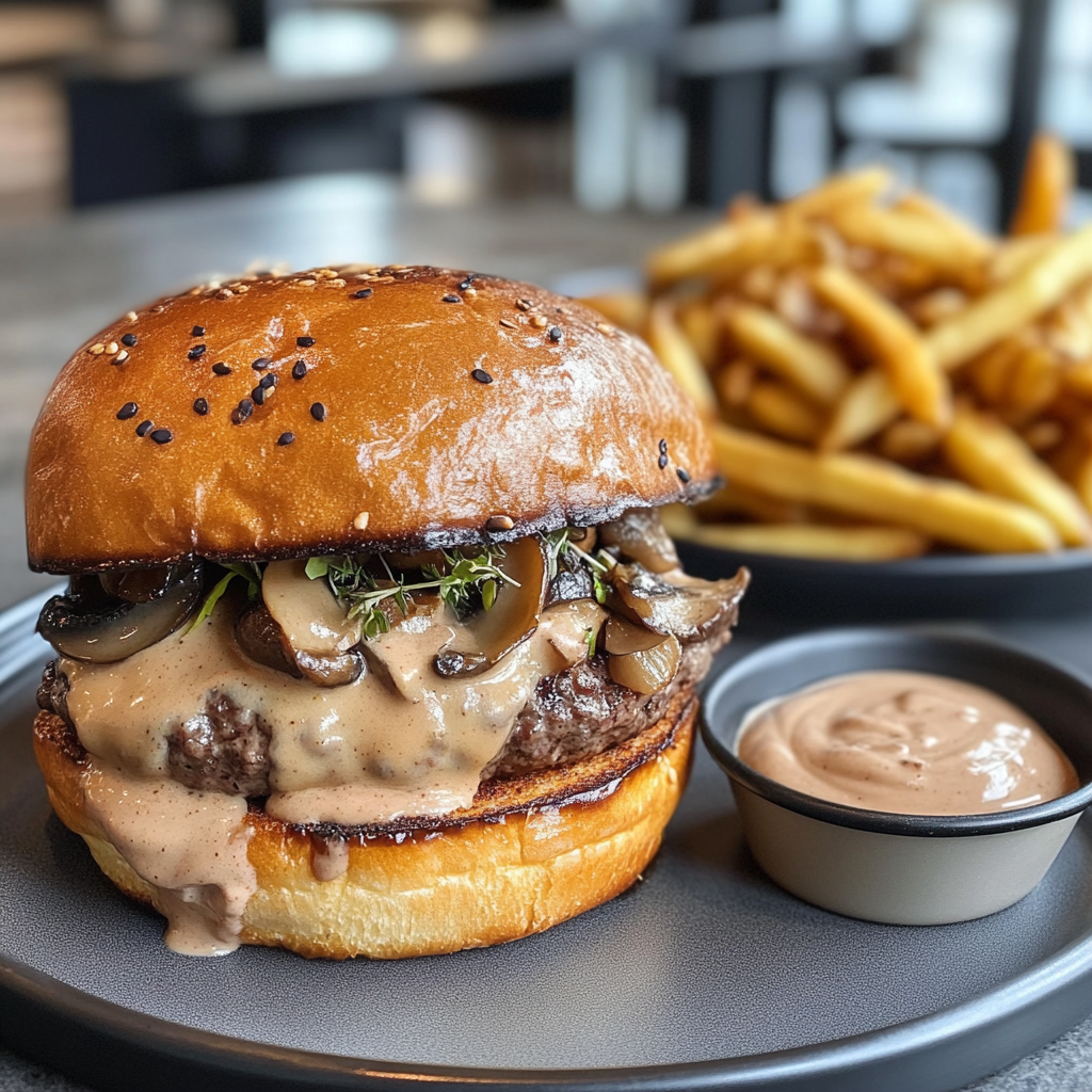 Burger sauce forestière aux champignons 🍄🌲🍔 + frites maison 🍟