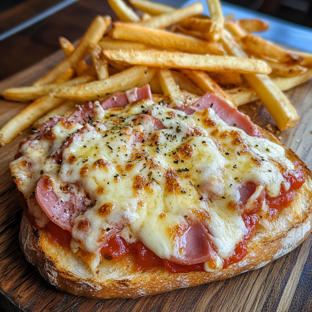 Bruschetta Jambon & fromage coulant 🥓🧀 + frites maison 🍟
